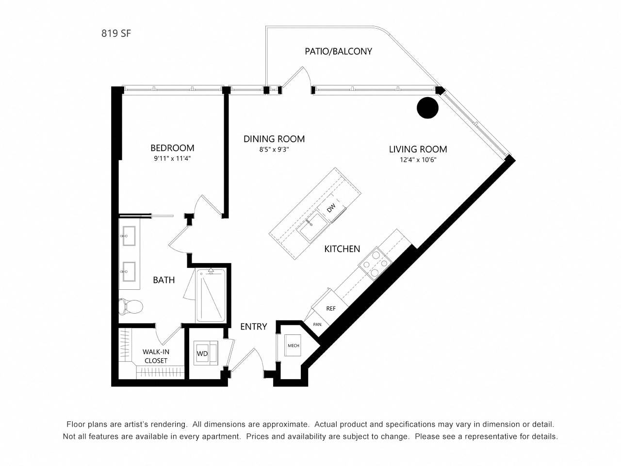 Floor plan for 1 bed, 1 bath, 819 sqft